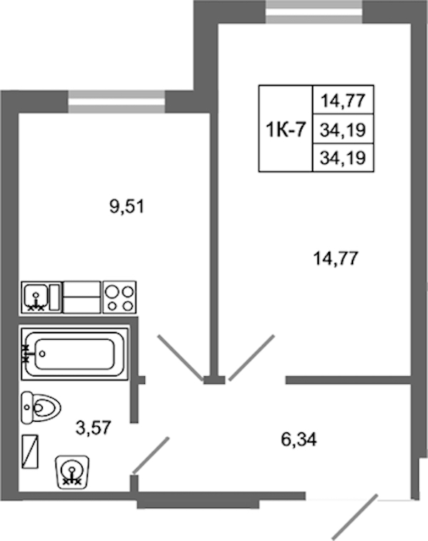 1-комнатная квартира 34.19 м², 1/17 эт., ЖК «Стороны Света 2»